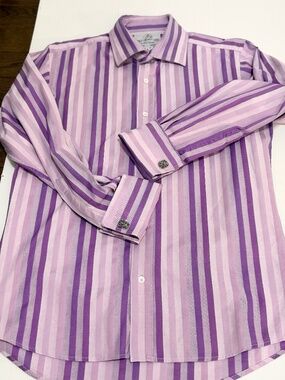 Harvie & Hudson Jermyn Street Purple Striped Dress Shirt w/ Cufflinks - Size 15